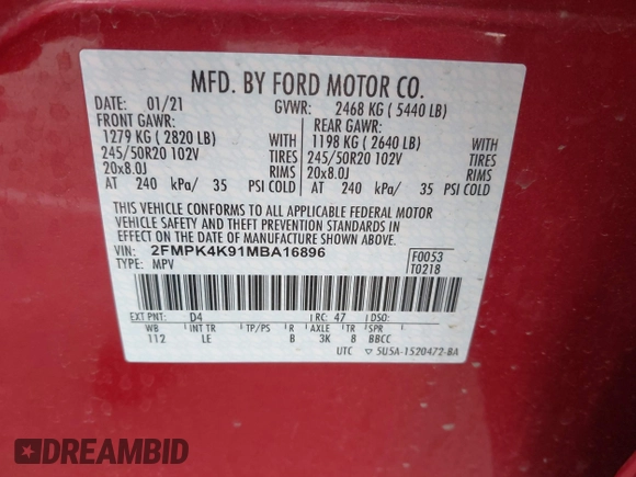 2021 Ford Edge Titanium with VIN 2FMPK4K91MBA16896, listed as a IAAI auction lot 42334583 with 37,508 mi miles and . Bid and sale history available at DreamBid. Image 9.