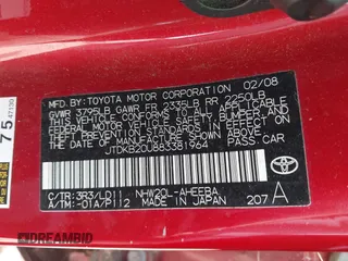 2008 Toyota Prius with VIN JTDKB20U883381964, listed as a IAAI auction lot 42173960 with Not Provided miles. Bid and sale history available at carsss.com. Image 9.