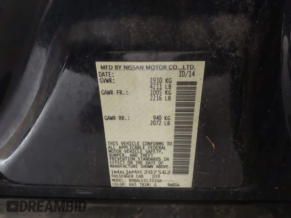 2015 Nissan Altima SV with VIN 1N4AL3AP4FC207562, listed as a IAAI auction lot 42114974 with 185,360 mi miles and . Bid and sale history available at DreamBid. Image 9.