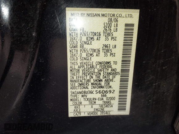 2006 Nissan Xterra SE with VIN 5N1AN08U36C560692, listed as a IAAI auction lot 41860326 with 177,143 mi miles and . Bid and sale history available at DreamBid. Image 9.