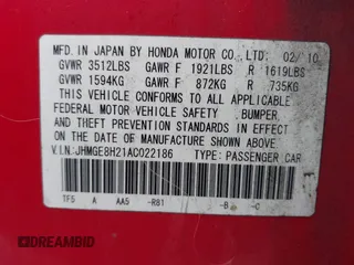 2010 Honda Fit with VIN JHMGE8H21AC022186, listed as a IAAI auction lot 41843435 with 144,634 mi miles. Bid and sale history available at carsss.com. Image 9.