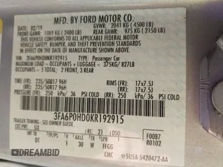 2019 Ford Fusion SE with VIN 3FA6P0HD0KR192915, listed as a IAAI auction lot 41980996 with 128,336 mi miles. Bid and sale history available at carsss.com. Image 9.