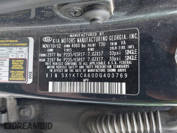 2013 Kia Sorento LX with VIN 5XYKTCA60DG403769, listed as a IAAI auction lot 42265980 with 215,013 mi miles and . Bid and sale history available at DreamBid. Image 9.