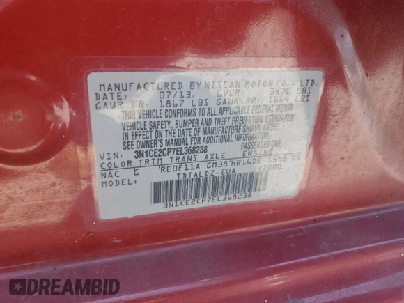 2014 Nissan Note S with VIN 3N1CE2CP7EL368238, listed as a Copart auction lot 62222165 with 29,392 mi miles and Salvage title. Bid and sale history available at DreamBid. Image 12.