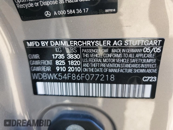 2006 Mercedes-Benz SLK 280 z VIN WDBWK54F86F077218, wystawiony jako Copart lot #53030635 z przebiegiem 95 151 mil mil oraz Szkody całkowita. Historia ofert i sprzedaży dostępna na DreamBid. Obrazek 12.