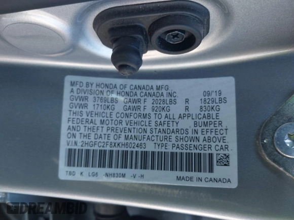 2019 Honda Civic Sport with VIN 2HGFC2F8XKH602463, listed as a IAAI auction lot 41966052 with 95,416 mi miles and . Bid and sale history available at DreamBid. Image 9.