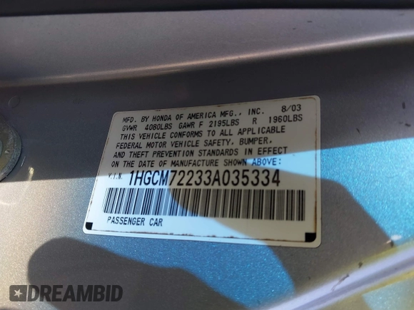 2003 Honda Accord LX with VIN 1HGCM72233A035334, listed as a IAAI auction lot 42098703 with 200,170 mi miles and . Bid and sale history available at DreamBid. Image 9.