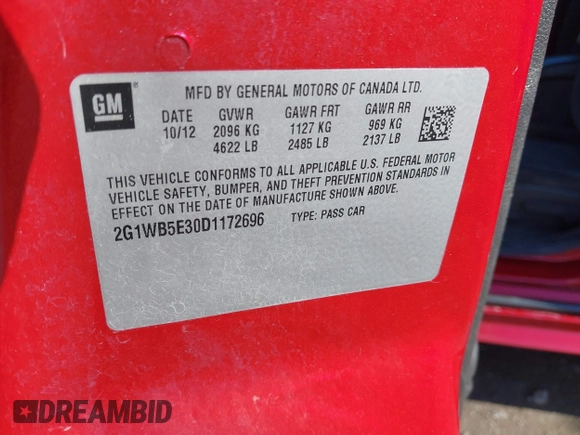 2013 Chevrolet Impala LT with VIN 2G1WB5E30D1172696, listed as a IAAI auction lot 41833660 with 42,156 mi miles and . Bid and sale history available at DreamBid. Image 9.