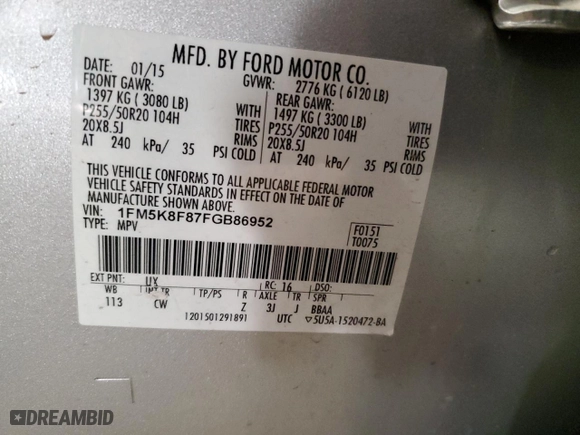 2015 Ford Explorer Limited with VIN 1FM5K8F87FGB86952, listed as a Copart auction lot 85554604 with 119,525 mi miles and Salvage Title. Bid and sale history available at carsss.com. Image 13.