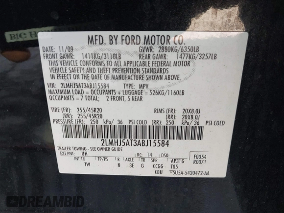2010 Lincoln MKT EcoBoost with VIN 2LMHJ5AT3ABJ15584, listed as a IAAI auction lot 41743278 with 258,887 mi miles and . Bid and sale history available at DreamBid. Image 9.