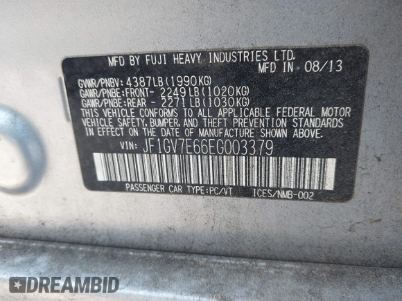 2014 Subaru WRX WRX with VIN JF1GV7E66EG003379, listed as a IAAI auction lot 41400616 with 87,568 mi miles and . Bid and sale history available at DreamBid. Image 9.