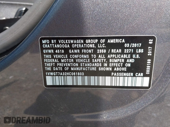2017 Volkswagen Passat SE with VIN 1VWGT7A32HC061803, listed as a IAAI auction lot 42546429 with 68,093 mi miles and . Bid and sale history available at DreamBid. Image 9.