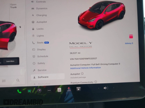 2022 Tesla Model Y Performance with VIN 7SAYGDEF6NF532027, listed as a IAAI auction lot 41717662 with 36,537 mi miles and . Bid and sale history available at DreamBid. Image 7.