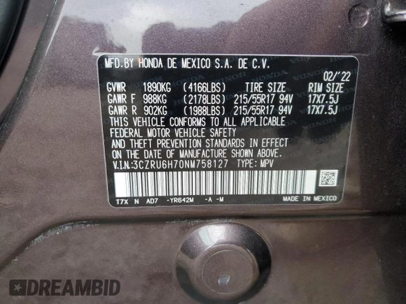 2022 Honda HR-V EX-L with VIN 3CZRU6H70NM758127, listed as a Copart auction lot 84771514 with 45,076 mi miles and Salvage Title. Bid and sale history available at DreamBid. Image 14.