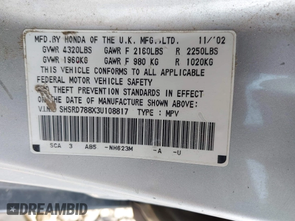 2003 Honda CR-V EX with VIN SHSRD788X3U108817, listed as a IAAI auction lot 42409926 with 215,736 mi miles and . Bid and sale history available at DreamBid. Image 9.