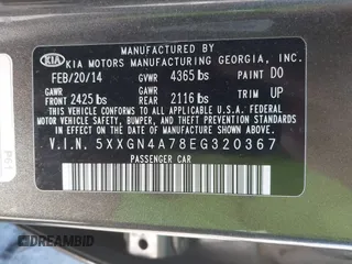 2014 Kia Optima EX z VIN 5XXGN4A78EG320367, wystawiony jako IAAI lot #41858824 z przebiegiem 216 987 mil mil oraz . Historia ofert i sprzedaży dostępna na DreamBid. Obrazek 9.