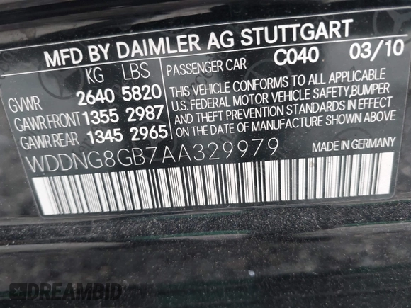 2010 Mercedes-Benz S 550 with VIN WDDNG8GB7AA329979, listed as a IAAI auction lot 41783705 with 124,126 mi miles and . Bid and sale history available at DreamBid. Image 9.