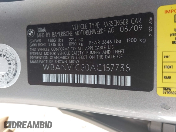 2010 BMW 5 Series 528i xDrive with VIN WBANV1C50AC157738, listed as a IAAI auction lot 41879863 with 170,826 mi miles and . Bid and sale history available at carsss.com. Image 9.