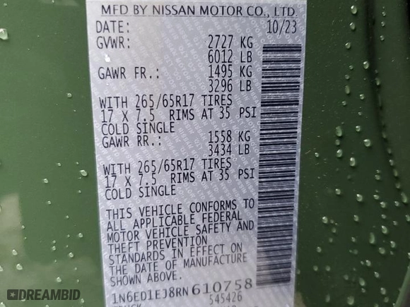 2024 Nissan Frontier SV with VIN 1N6ED1EJ8RN610758, listed as a Copart auction lot 44508075 with 3,600 mi miles and Salvage Title. Bid and sale history available at carsss.com. Image 15.