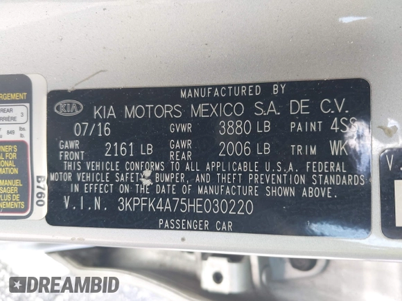2017 Kia Forte LX with VIN 3KPFK4A75HE030220, listed as a IAAI auction lot 42004997 with 212,484 mi miles. Bid and sale history available at carsss.com. Image 9.