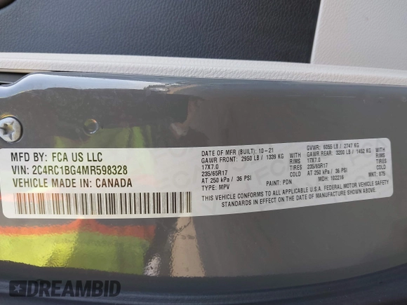 2021 Chrysler Pacifica Touring L with VIN 2C4RC1BG4MR598328, listed as a IAAI auction lot 41749306 with 78,035 mi miles and . Bid and sale history available at DreamBid. Image 9.