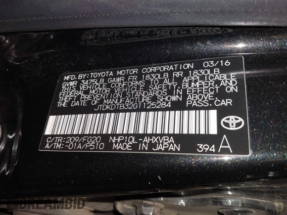 2016 Toyota Prius One with VIN JTDKDTB32G1125284, listed as a IAAI auction lot 42053031 with 146,465 mi miles and . Bid and sale history available at DreamBid. Image 9.
