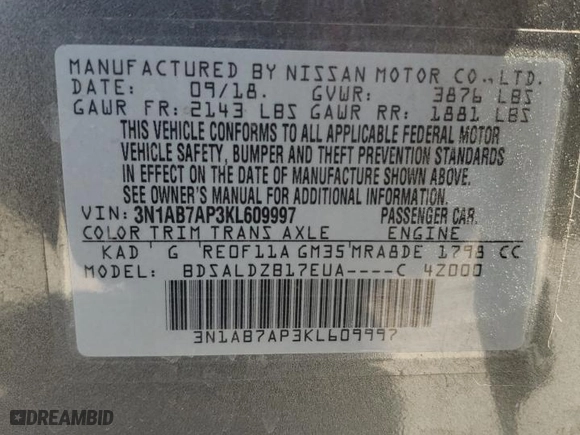 2019 Nissan Sentra SV with VIN 3N1AB7AP3KL609997, listed as a Copart auction lot 51462825 with 80,402 mi miles and Salvage Title. Bid and sale history available at carsss.com. Image 15.
