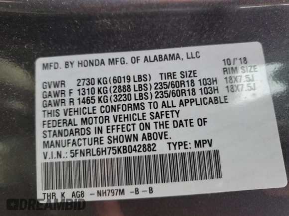 2019 Honda Odyssey EX-L with VIN 5FNRL6H75KB042882, listed as a Copart auction lot 49589845 with 90,835 mi miles and Salvage Title. Bid and sale history available at DreamBid. Image 13.