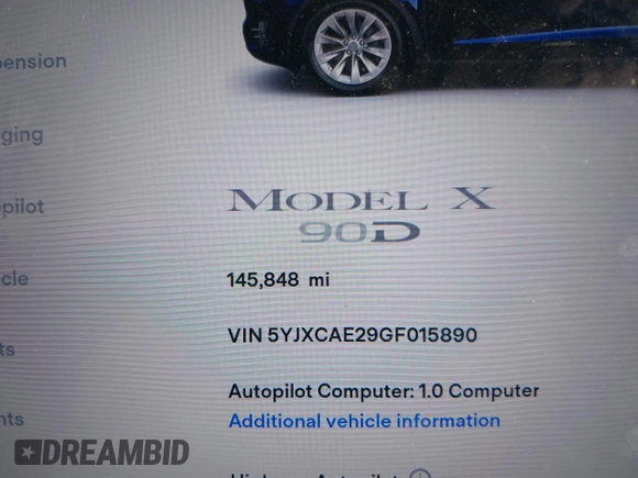 2016 Tesla Model X 70D z VIN 5YJXCAE29GF015890, wystawiony jako IAAI lot #41637564 z przebiegiem 145 848 mil mil oraz . Historia ofert i sprzedaży dostępna na DreamBid. Obrazek 7.