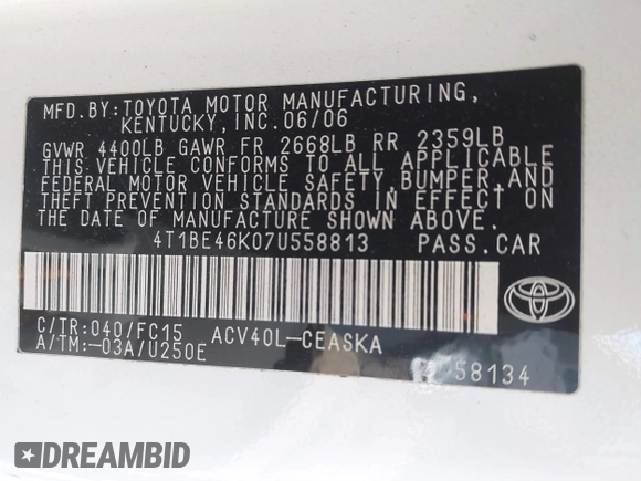 2007 Toyota Camry CE with VIN 4T1BE46K07U558813, listed as a IAAI auction lot 41901210 with 127,193 mi miles and . Bid and sale history available at DreamBid. Image 9.