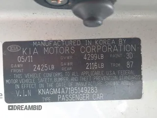 2011 Kia Optima LX with VIN KNAGM4A71B5149283, listed as a IAAI auction lot 42034379 with Not Provided miles and . Bid and sale history available at DreamBid. Image 9.