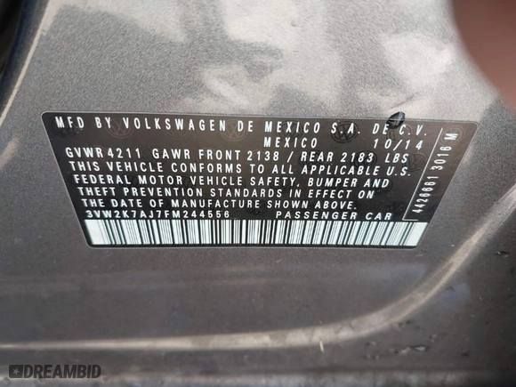 2015 Volkswagen Jetta Sedan 2.0L S with VIN 3VW2K7AJ7FM244556, listed as a IAAI auction lot 41776216 with 116,864 mi miles. Bid and sale history available at carsss.com. Image 9.
