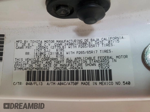 2015 Toyota Tacoma with VIN 3TMMU4FN2FM086482, listed as a Copart auction lot 57124365 with 211,638 mi miles and Salvage title. Bid and sale history available at DreamBid. Image 12.
