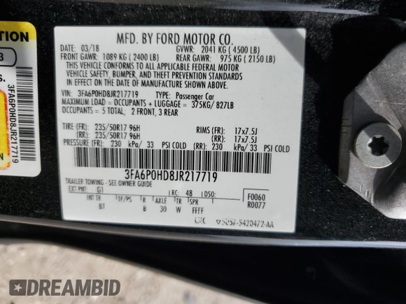 2018 Ford Fusion SE z VIN 3FA6P0HD8JR217719, wystawiony jako Copart lot #53429555 z przebiegiem 108 953 mil mil oraz Szkoda całkowita • Salvage title. Historia ofert i sprzedaży dostępna na DreamBid. Obrazek 12.