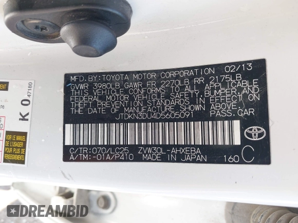 2013 Toyota Prius One z VIN JTDKN3DU4D5605091, wystawiony jako IAAI lot #41936396 z przebiegiem 148 852 mil mil oraz . Historia ofert i sprzedaży dostępna na DreamBid. Obrazek 9.