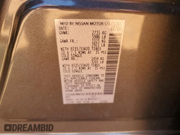 2016 Nissan Pathfinder Platinum with VIN 5N1AR2MN5GC608886, listed as a Copart auction lot 50582035 with 127,089 mi miles and Salvage Title. Bid and sale history available at carsss.com. Image 15.