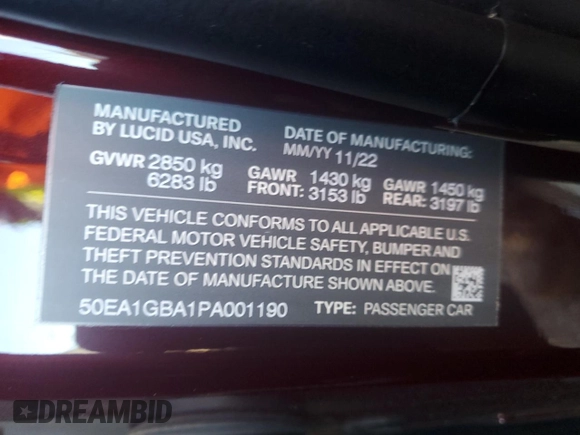 2023 Lucid Air Grand Touring z VIN 50EA1GBA1PA001190, wystawiony jako Copart lot #86923954 z przebiegiem 9658 mil mil oraz Szkody całkowita. Historia ofert i sprzedaży dostępna na DreamBid. Obrazek 12.