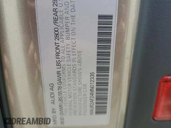 2021 Audi A7 Premium Plus with VIN WAUR2AF24MN012335, listed as a Copart auction lot 65031695 with 37,862 mi miles and Salvage title. Bid and sale history available at DreamBid. Image 12.