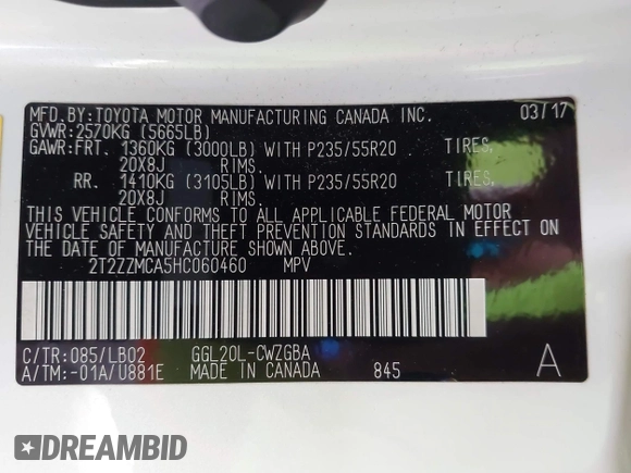 2017 Lexus RX 350 with VIN 2T2ZZMCA5HC060460, listed as a IAAI auction lot 42545887 with 81,639 mi miles and . Bid and sale history available at DreamBid. Image 9.