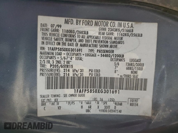 1999 Ford Taurus SE z VIN 1FAFP58S0XG301691, wystawiony jako Copart lot #81920424 z przebiegiem 203 931 mil mil oraz Szkoda całkowita • Salvage title. Historia ofert i sprzedaży dostępna na DreamBid. Obrazek 12.