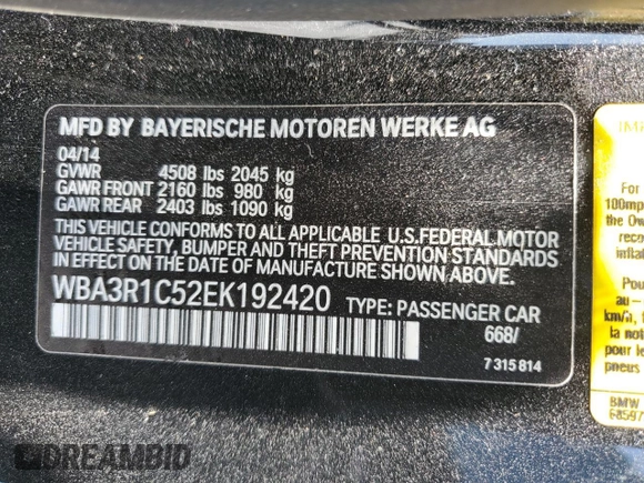 2014 BMW 4 Series 435i with VIN WBA3R1C52EK192420, listed as a Copart auction lot 65425995 with Not provided miles and Clean title. Bid and sale history available at DreamBid. Image 13.