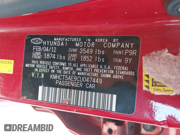 2012 Hyundai Accent GS with VIN KMHCT5AE9CU047449, listed as a IAAI auction lot 42667846 with 117,276 mi miles and . Bid and sale history available at DreamBid. Image 9.