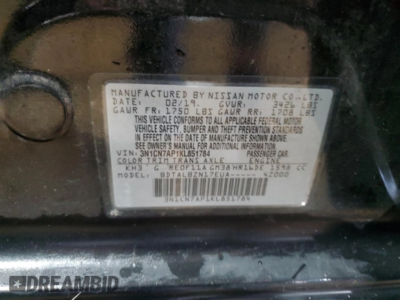 2019 Nissan Versa SV with VIN 3N1CN7AP1KL851784, listed as a Copart auction lot 60997845 with 96,799 mi miles and Salvage title. Bid and sale history available at DreamBid. Image 12.