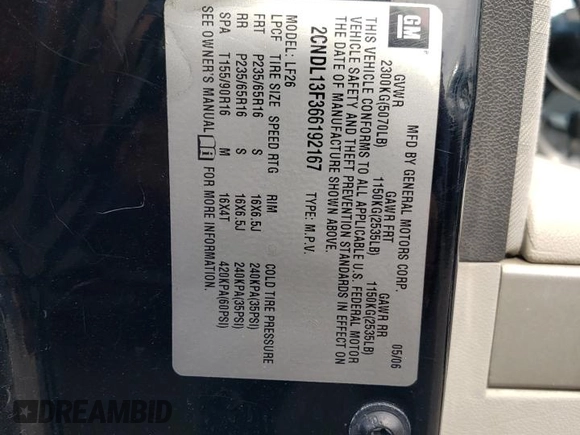 2006 Chevrolet Equinox LS с VIN 2CNDL13F366192167, выставлен на аукционе Copart как лот 53719305 с пробегом 120 495 миль миль и Списание • Salvage title. История ставок и продаж доступна на DreamBid. Изображение 13.