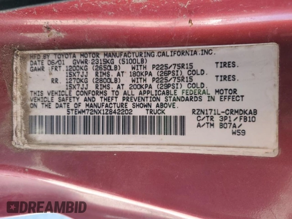 2001 Toyota Tacoma with VIN 5TEWM72NX1Z842202, listed as a Copart auction lot 53111405 with 304,857 mi miles and Salvage title. Bid and sale history available at DreamBid. Image 14.
