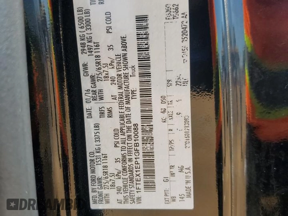 2016 Ford F-150 XLT z VIN 1FTEX1EP1GFB10088, wystawiony jako Copart lot #56168735 z przebiegiem 118 964 mil mil oraz Szkoda całkowita • Salvage title. Historia ofert i sprzedaży dostępna na DreamBid. Obrazek 12.