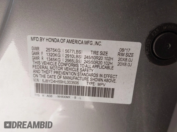 2017 Acura MDX w/Technology Pkg with VIN 5J8YD4H59HL003506, listed as a IAAI auction lot 41318201 with 63,120 mi miles. Bid and sale history available at carsss.com. Image 9.