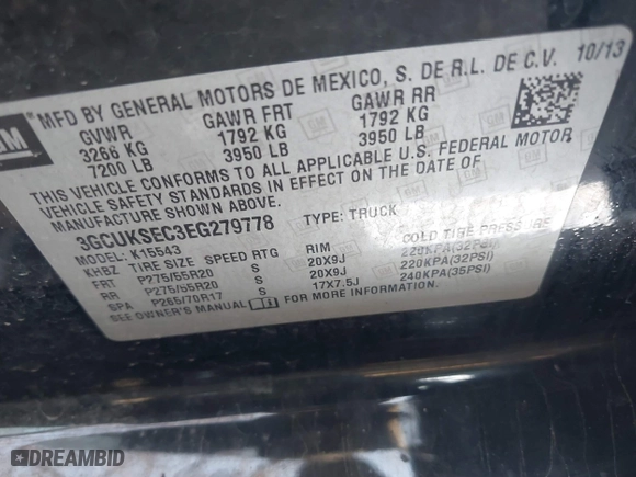 2014 Chevrolet Silverado 1500 LTZ with VIN 3GCUKSEC3EG279778, listed as a IAAI auction lot 41720229 with 241,999 mi miles. Bid and sale history available at carsss.com. Image 9.