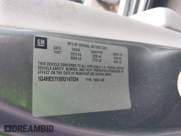 2008 Buick Lucerne CXS with VIN 1G4HE57Y88U147034, listed as a IAAI auction lot 42118824 with 129,336 mi miles and . Bid and sale history available at DreamBid. Image 9.