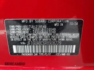 2024 Subaru Impreza с VIN JF1GUABC6R8908229, выставлен на аукционе IAAI как лот 41804590 с пробегом Не указан миль и . История ставок и продаж доступна на DreamBid. Изображение 9.